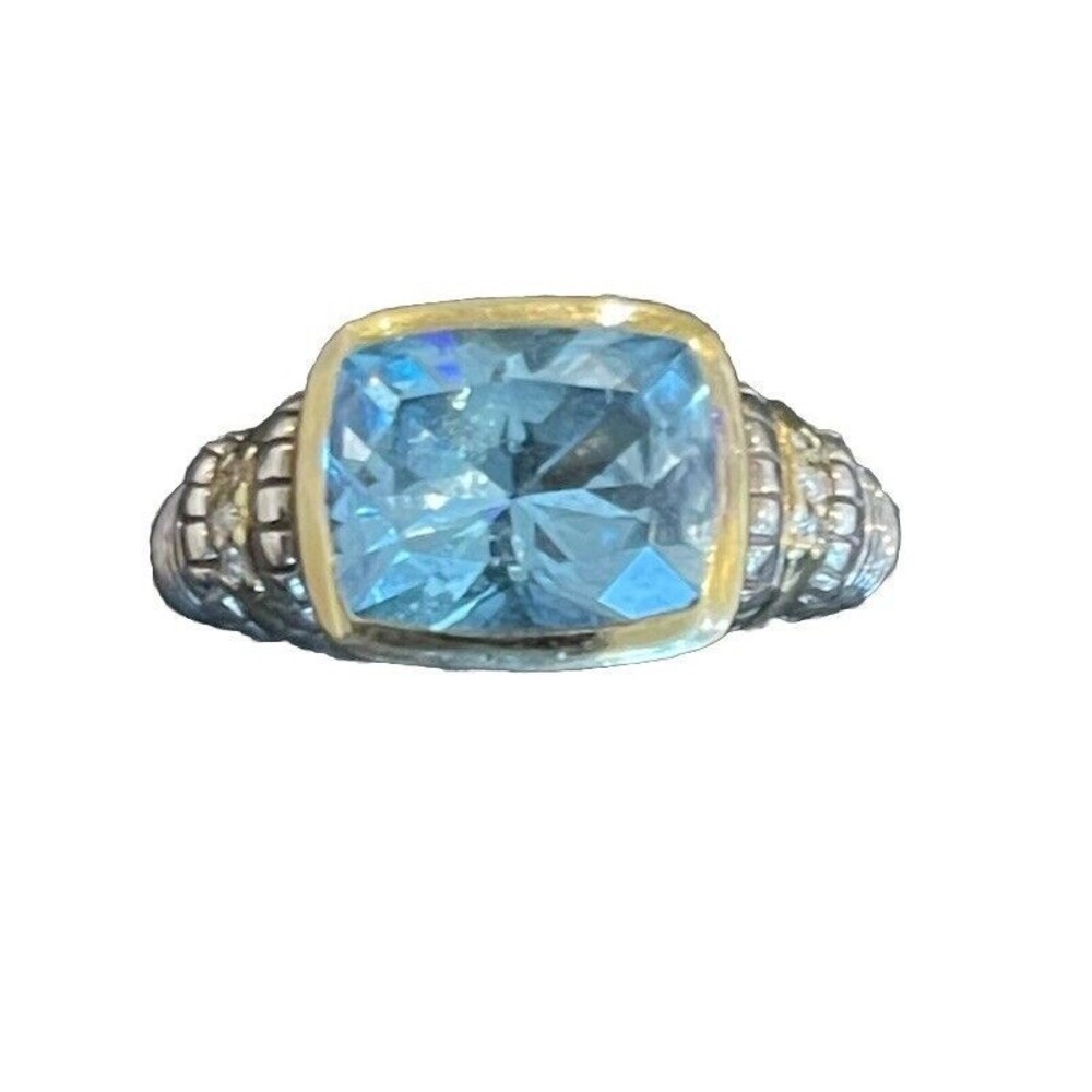 Judith Ripka Couture JR2 Blue Topaz & Diamond SS & 18kt Gold Ring Sz 4.5